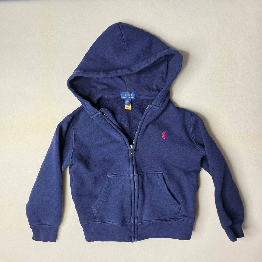 Polo Ralph Lauren Boys Fleece Hoodie Size 5 Navy Blue Full Zip Red Logo‎ Pockets